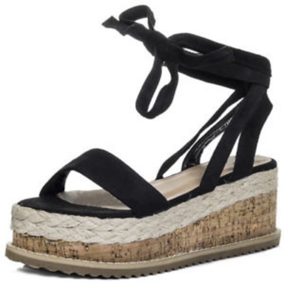 Black Wedge Espadrille Gladiator Sandals Shoes 5 6 - Picture 1 of 3